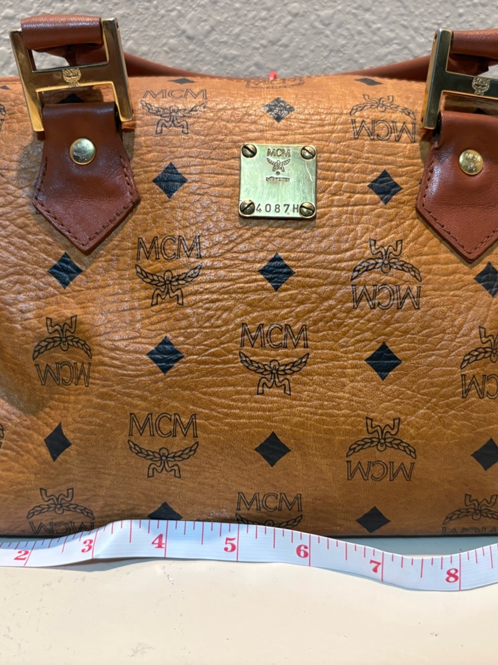 MCM Cognac Coated Canvas Satchel with Black Monogram and Gold Hardware